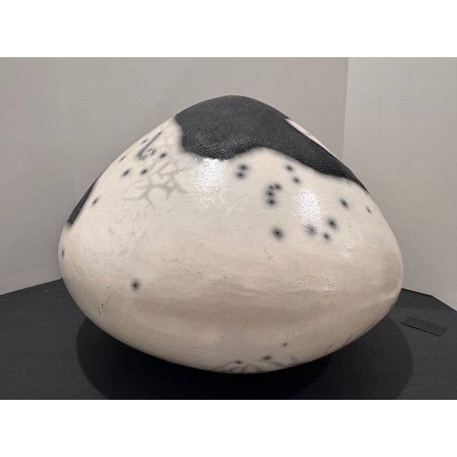 Large Sculptural Studio Pottery Vessel / Pod Form White Crackle Raku-Style Glaze, Textured Panels For Sale - Image 9 of 17