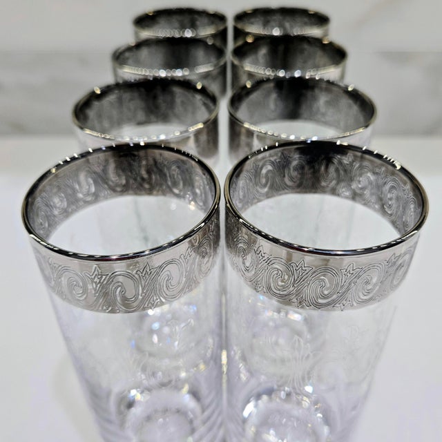 Mid-Century Modern Vintage Etched Floral Highball Glasses With Silver Overlay Scroll Rims and Bubble Bases, Set of 8 For Sale - Image 3 of 11