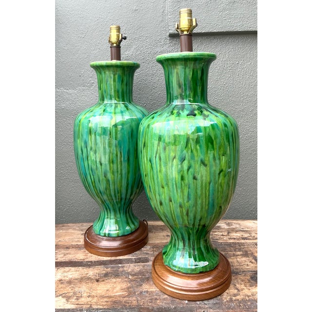 Vintage Mid-Century Modern Drip Glaze Ceramic Lamps - A Pair For Sale In West Palm - Image 6 of 12