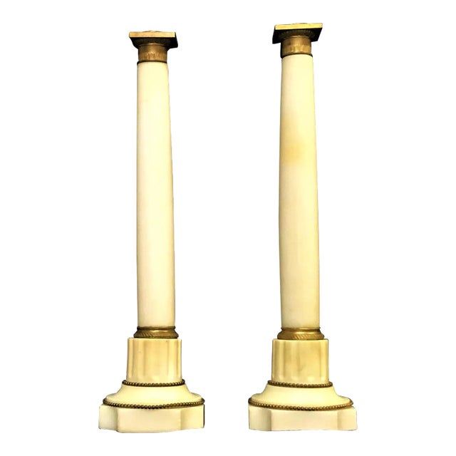 Vintage Italian Marble and Brass Column Candlesticks- a Pair For Sale