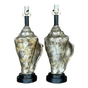 Vintage Coastal Metallic Conch Shell Lamps - a Pair