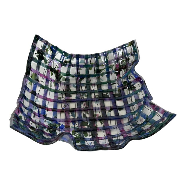 Vintage Handmade Woven Fused Handkerchief Art Glass Bowl, Signed For Sale