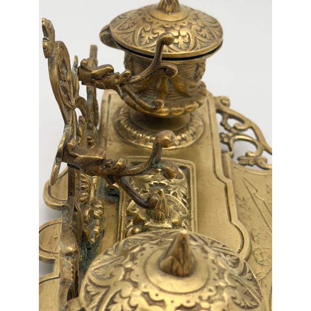 Vintage Ornate Baroque Revival Cast Brass Double Inkwell Desk Set With Porcelain Liners For Sale - Image 11 of 17