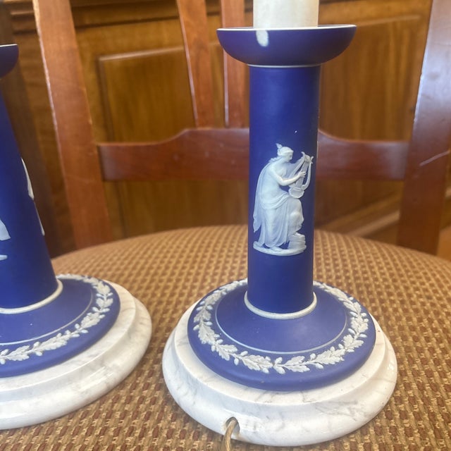 Josiah Wedgwood 1970s Wedgwood Blue Candlestick Lamps - a Pair For Sale - Image 4 of 7