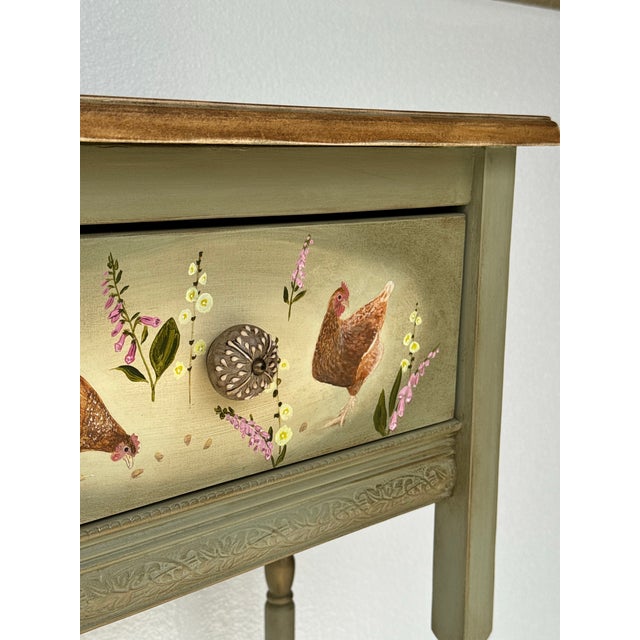 2020s Cottagecore Console Table • Hand Painted Hen Garden Heirloom Entryway Table For Sale - Image 5 of 8