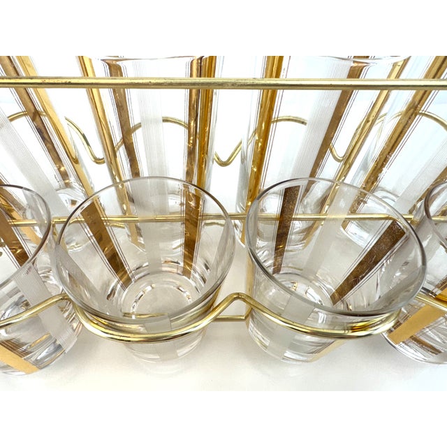 1960s 1960s Mid-Century Modern Gold & Frosted Stripe Cocktail Glass Barware Caddy, Set of 8 For Sale - Image 5 of 9