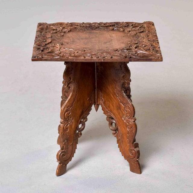 Anglo-Indian Carved Hardwood Folding Occasional Table With Burl Top For Sale - Image 4 of 9