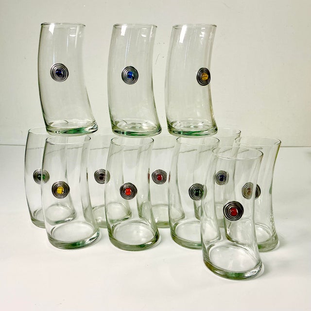Transparent 1980s Vintage Memphis Postmodern Bent Glass Sterling Medallion Tall Boy Tumblers - Set of 12 For Sale - Image 8 of 15