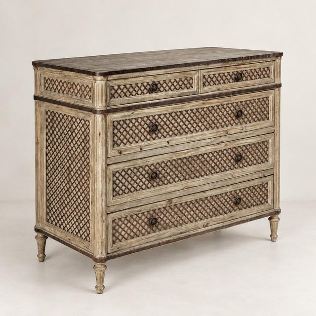 Restoration Hardware French Louis XVI Style Lattice & Painted Chest - Restoration Hardware Treillage For Sale - Image 4 of 8