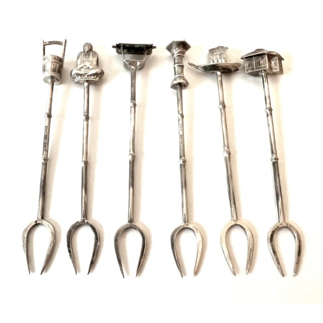 Mid 20th Century Sterling 950 Silver Cocktail Forks in Asian Theme Handle with Storage Case - Set of 6 For Sale - Image 5 of 12