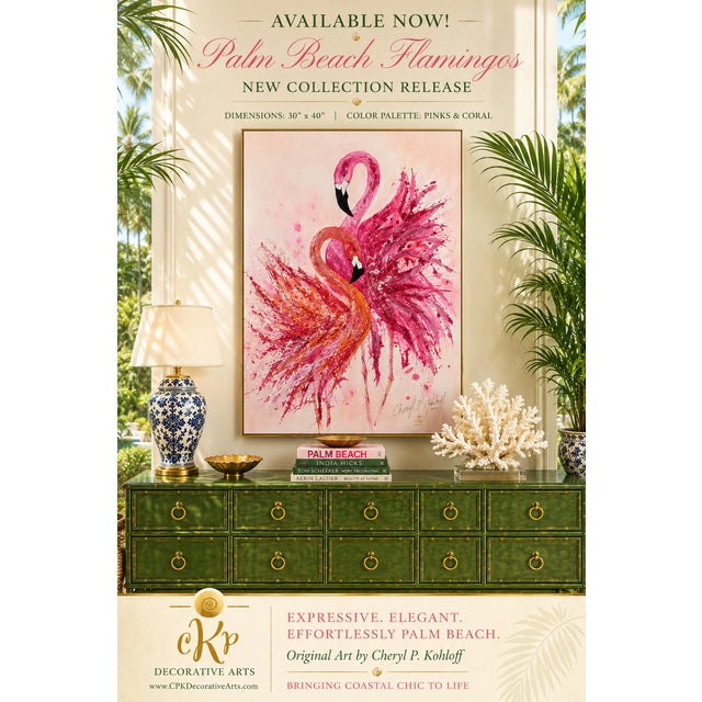 The Palm Beach Flamingos - Designed by Cheryl P. Kohloff Framed: Gold Metallic Dimensions: 30”x40”x 2.5” Color Palette:...