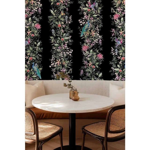 Black Mahjong Floral Stripe Grasscloth Wallpaper by House Party | Blank Black | 6 Yards For Sale - Image 8 of 8