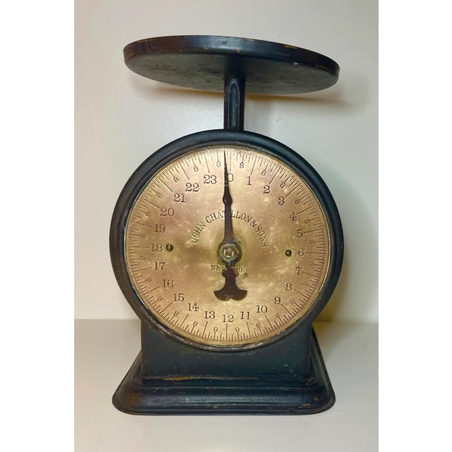 This anitique scale’s brass face is pure bling of industrial high design. The brass face is framed in iron painted black....