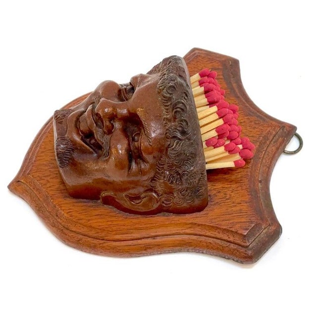 Wood Late 19th Century Black Forrest Carved Black Walnut Toothless Man Motif Hanging Match Holder For Sale - Image 7 of 11