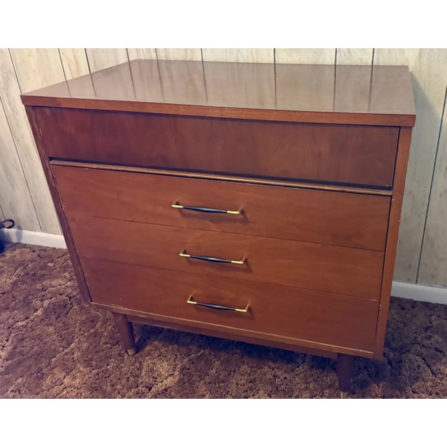 Vintage Mid-Century Modern Walnut 3-Drawer Lowboy Dresser With Brass-Capped Legs and Stylish Black-Gold Handles For Sale - Image 9 of 16