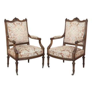 Pair of 19th Century French Louis XVI Carved Walnut Armchairs ~ Fauteuils For Sale