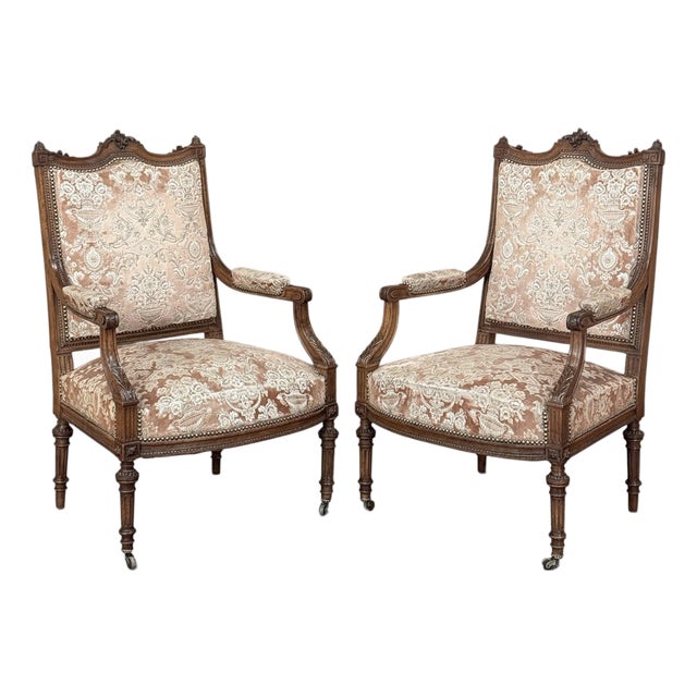 Pair of 19th Century French Louis XVI Carved Walnut Armchairs ~ Fauteuils For Sale