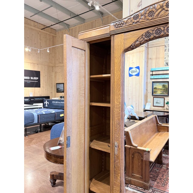 Wood Vintage Carved Wood Armoire With Mirrored Door For Sale - Image 7 of 10