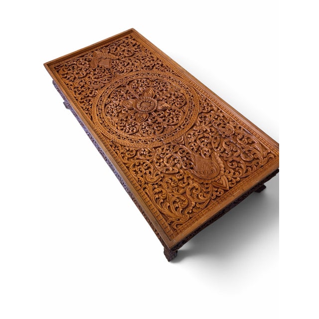 Wood Vintage Hand-Carved Teakwood Coffee Table With Custom Glass Top For Sale - Image 7 of 8
