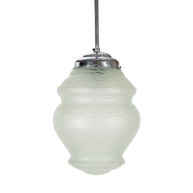 Art Deco French Pendant Lamp with Green Glass Shade, 1940 For Sale