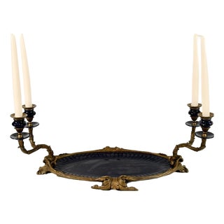 French Style Gilt Bronze Plateau with Twin Candleholders and Blue Glass Inserts For Sale
