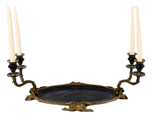 French Style Gilt Bronze Plateau with Twin Candleholders and Blue Glass Inserts