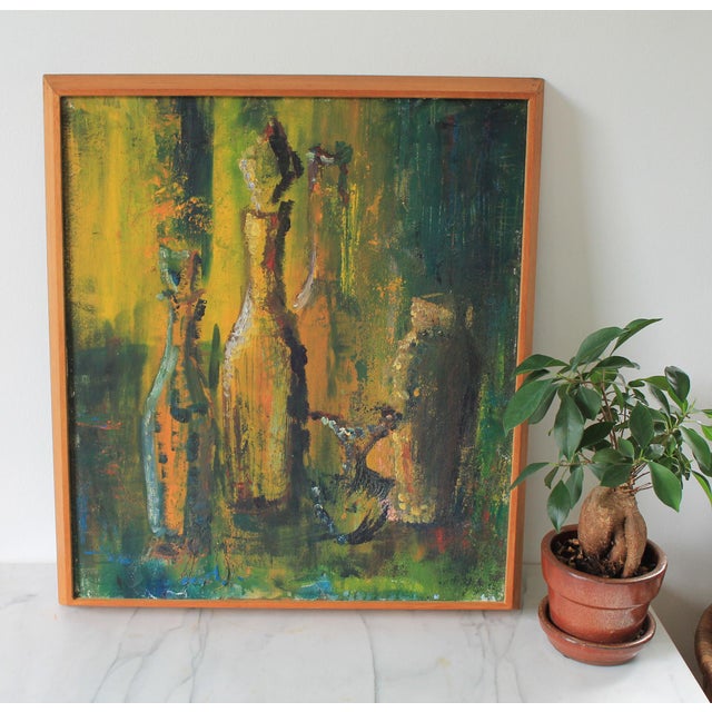 Vintage moody abstract still life painting of various size bottles in wood frame. No makers mark. Some age wear.