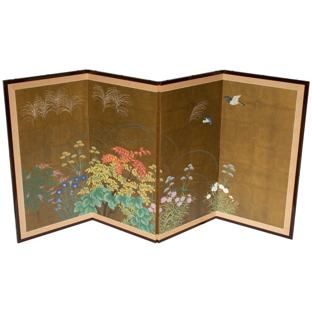 Fine 4-panel painted byobu (folding screen) "Nanakusa" (Seven Autumn Flowers) by Japanese artist Essen. It depicts the...
