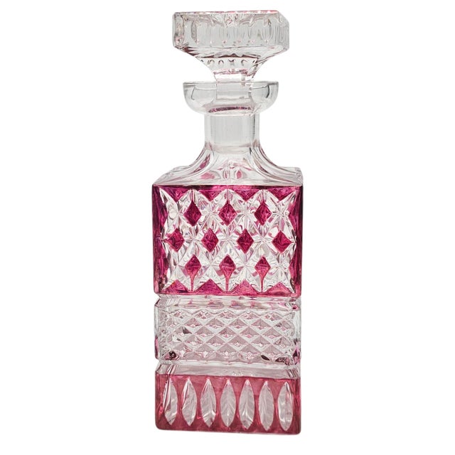 West German a & H Cranberry Cut-to-Clear Lead Crystal Whiskey Decanter 9" For Sale In San Francisco - Image 6 of 15