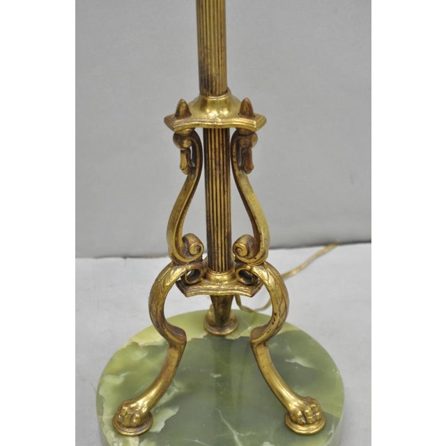 Metal Antique Art Deco Brass & Green Onyx Paw Foot Victorian Pole Floor Lamp For Sale - Image 7 of 15