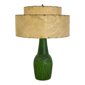 Vintage 1950s Green Ceramic-Like Table Lamp With Possibly Fiberglass Double Drum Shade