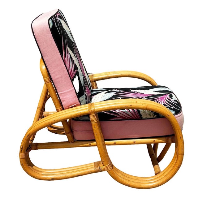 Mid-Century Modern Restored Mid-Century 3-Strand 3/4 Round Pretzel Arm Rattan Lounge Chair For Sale - Image 3 of 6