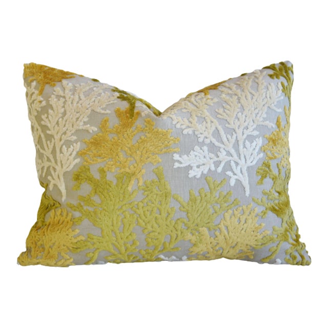Nautical Coastal Gold, White & Green Coral Cut Velvet Feather/Down Pillow 24" X 18" For Sale