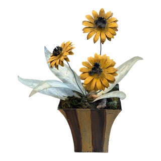 Tole Sunflower Arrangement in Painted Pot For Sale