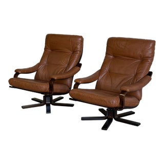 Pair of Brown Leather Swivel Lounge Chairs Danish Mid-Century Modern 1970s For Sale