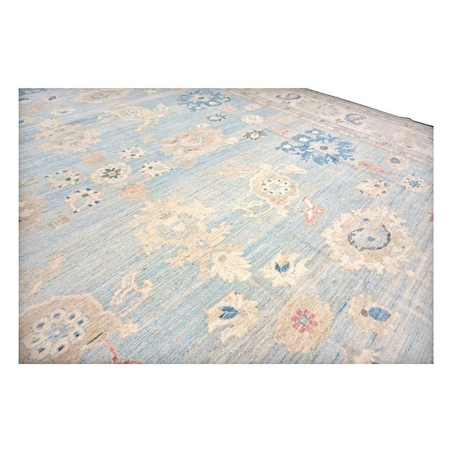 Blue 21st Century Turkish Sultanabad Wool 15x19 Light Blue & Ivory Handmade Oversized Area Rug #1144185 For Sale - Image 8 of 10