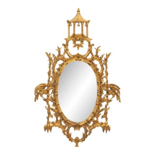 Chinese Chippendale Style Oval Giltwood Pagoda Wall Mirror For Sale