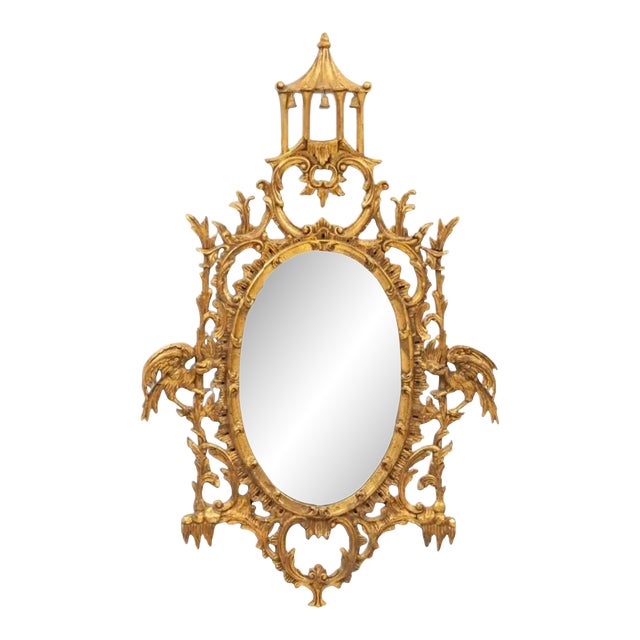 Chinese Chippendale Style Oval Giltwood Pagoda Wall Mirror For Sale