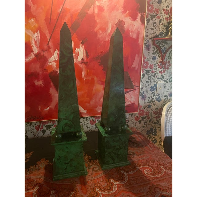 Contemporary Malachite Green Faux Finished Tall Wooden Obelisk For Sale - Image 4 of 8