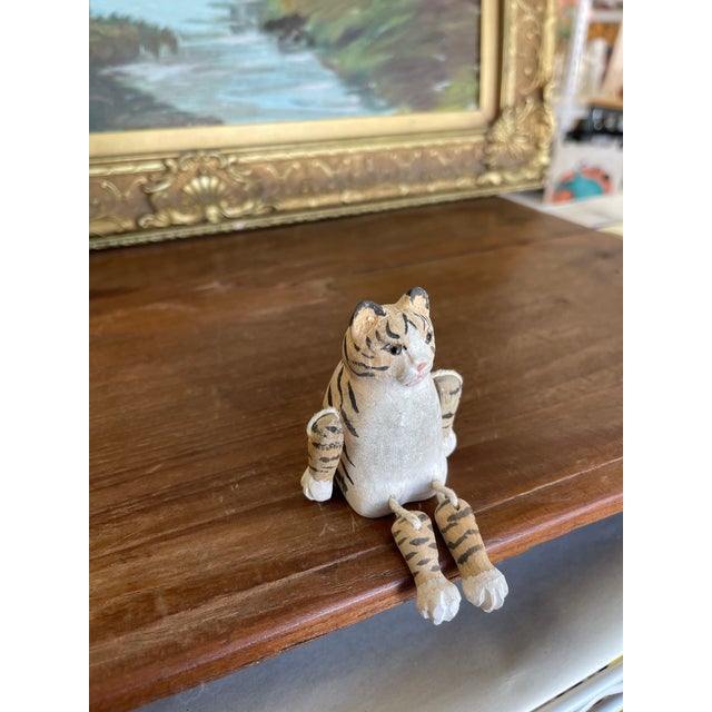 Folk Art Hand-Carved Articulated Wooden Tiger or Cat Figurine With Painted Details. For Sale - Image 3 of 10