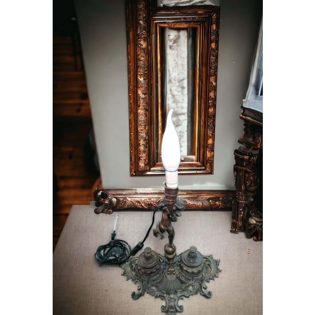 Brown Inkwell Lamp in Chiselled Bronze with Putto For Sale - Image 8 of 9