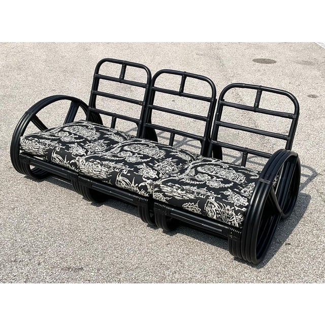 Vintage Black Rattan Sofa in Quadrille “Royal Journey” For Sale - Image 14 of 18
