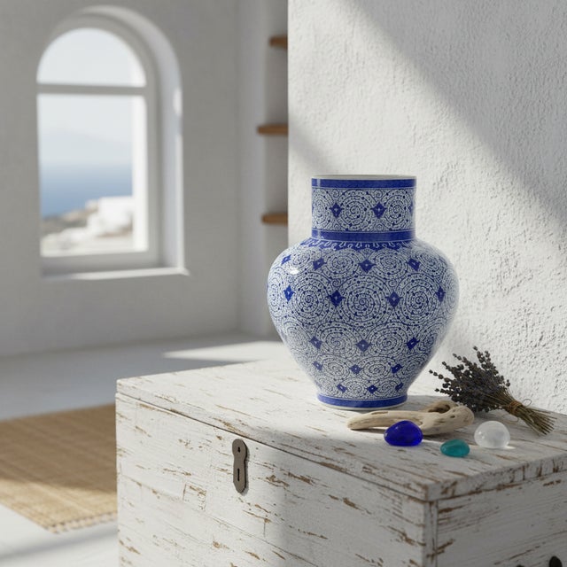 Blue Handmade Ceramic Large Iznik Vase Monumental Size Blue and White Golden Horn (Halic) Style Scroll Pattern For Sale - Image 8 of 10