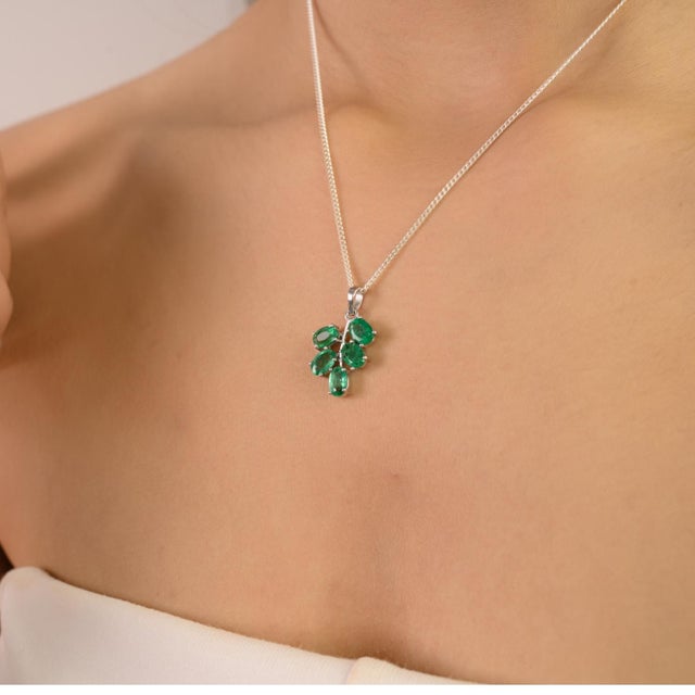 Dainty Natural 6X4mm Emerald Leaf Charm Pendant Made in 925 Silver by Caratandher For Sale - Image 4 of 11