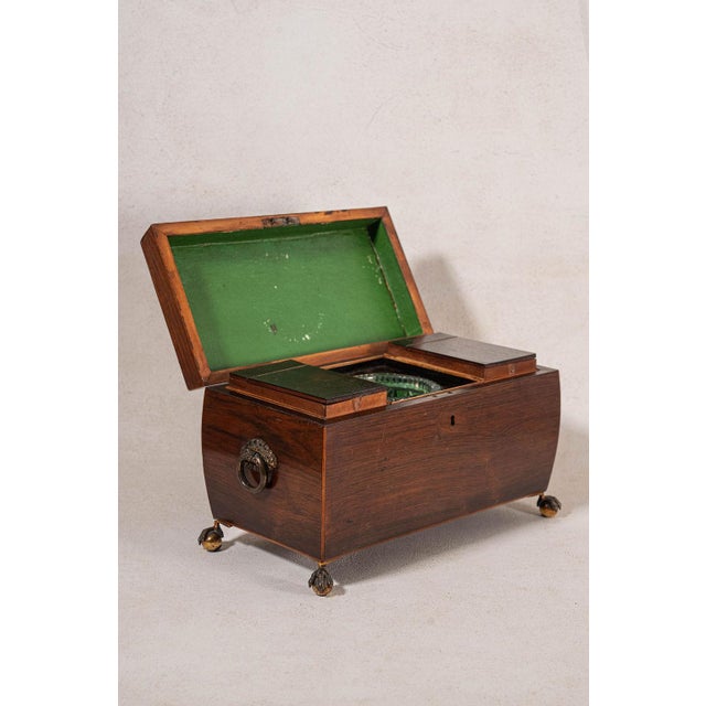 Early 19th Century Georgian Rosewood Tea Caddy With Brass Handles + Brass Claw Feet | Original Fittings + Green Interior For Sale In Charleston - Image 6 of 10