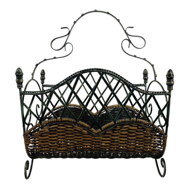 Vintage Metal and Reed Magazine Rack For Sale
