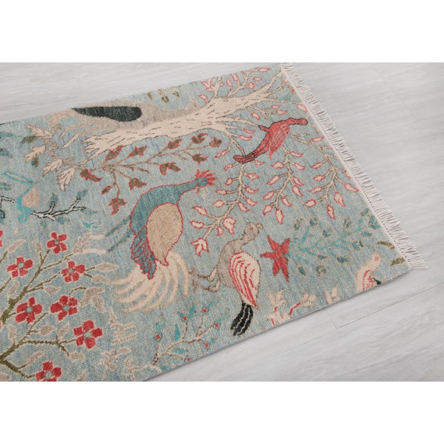 Baby Blue 2.6x12ft. Light Blue Peacock Bird Garden Hand Knotted Wool Rug For Sale - Image 8 of 17