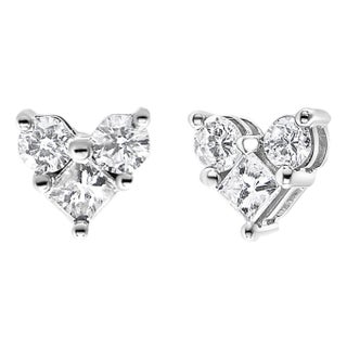 10K White Gold 1/2 Cttw Diamond 3 Stone Trio Heart Stud Earring (I-J Color, I1-I2 Clarity) For Sale