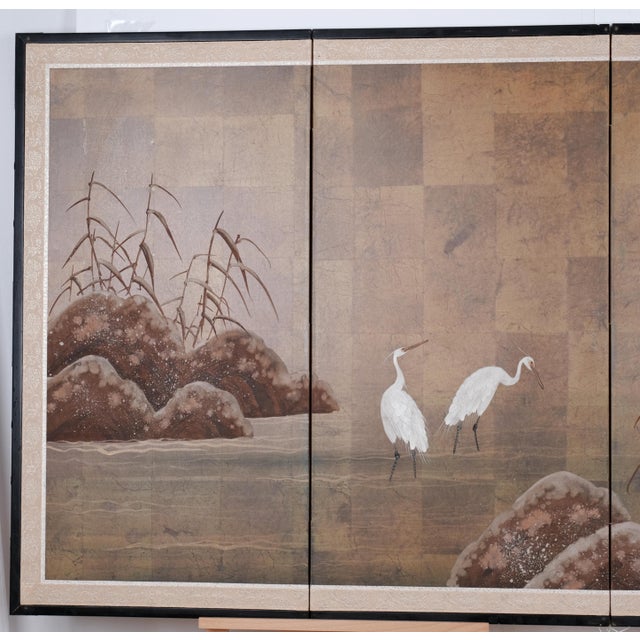 1960s Japanese Byobu Featuring 3 White Snowy Egrets in an Idyllic Marsh Hand Painted, Signed 4-Panel Folding Screen Medium Golden Background For Sale - Image 4 of 11