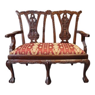 Early 20th Century English Chippendale Style Mahogany Upholstered Child's Loveseat For Sale